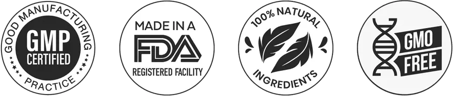GMP certified, made in an FDA registered facility, 100% natural ingredients, GMO free badges